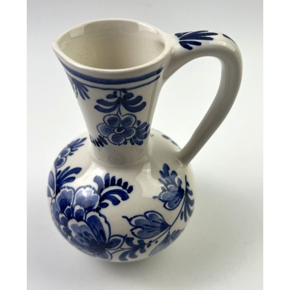 Vintage Delft Small Blue Flower Pitcher Vase Hand Painted 5" Tall